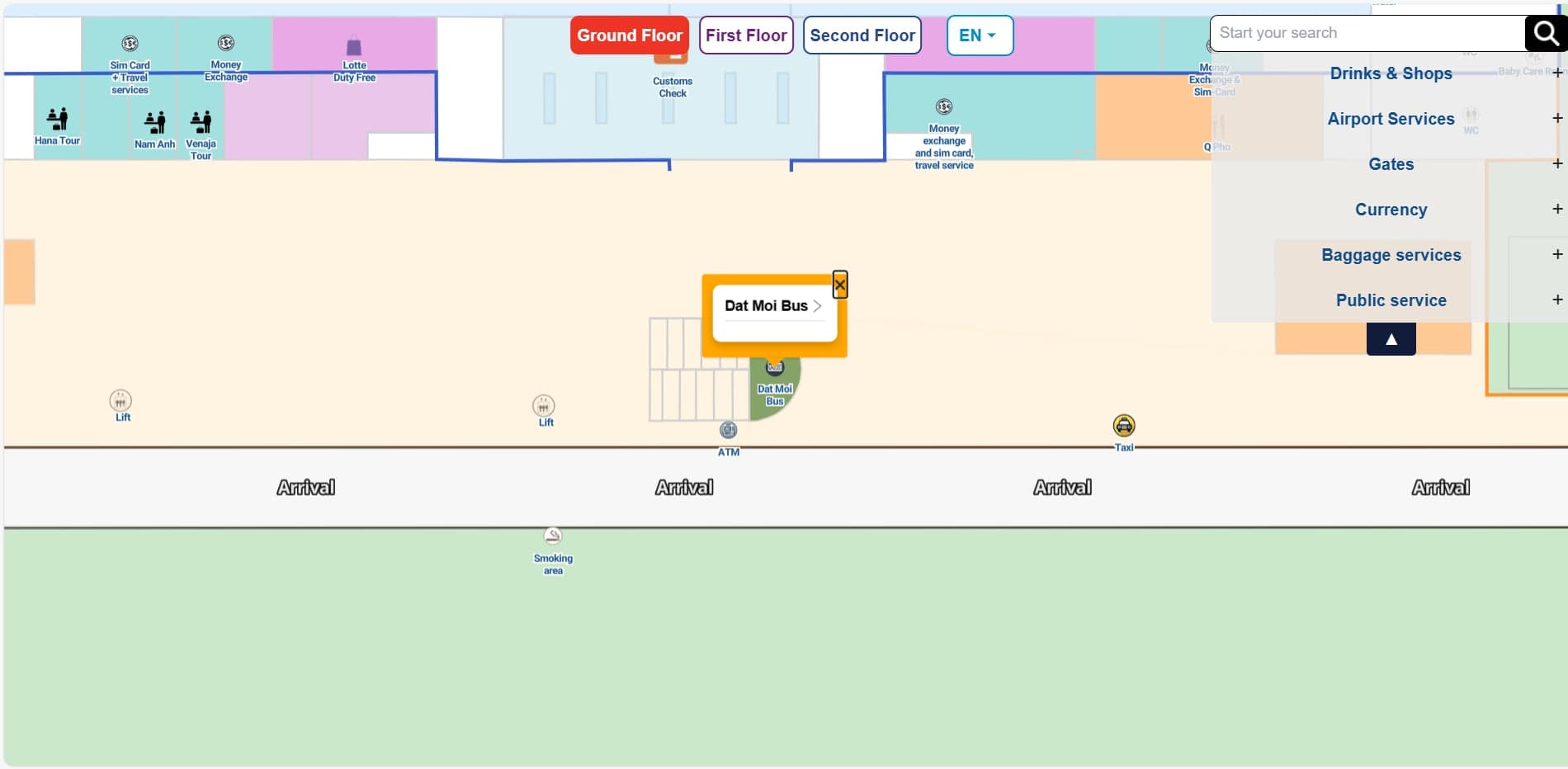 Incheon Airport Terminal 1 Transportation Map showing bus zones, entrances, and service areas